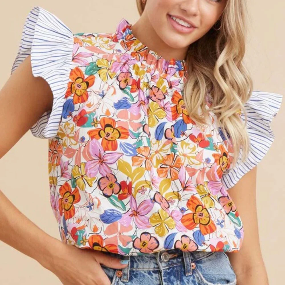 Spring Floral & Strip Contrast Top - Picture 4 of 5